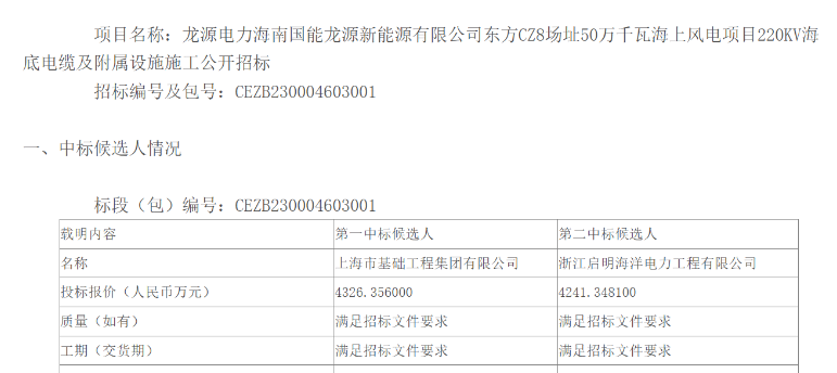 龍?jiān)措娏?00MW海上風(fēng)電項(xiàng)目220KV海纜施工中標(biāo)