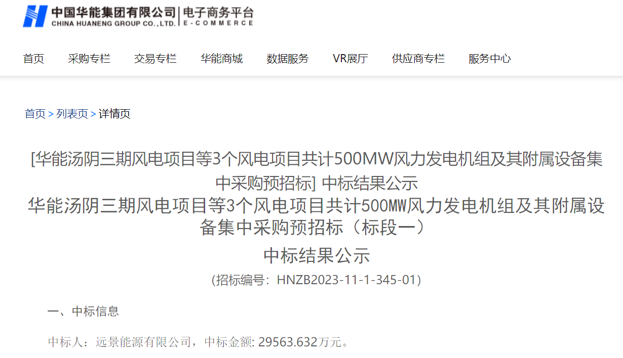 2.96億元！華能200MW風電項目中標公示